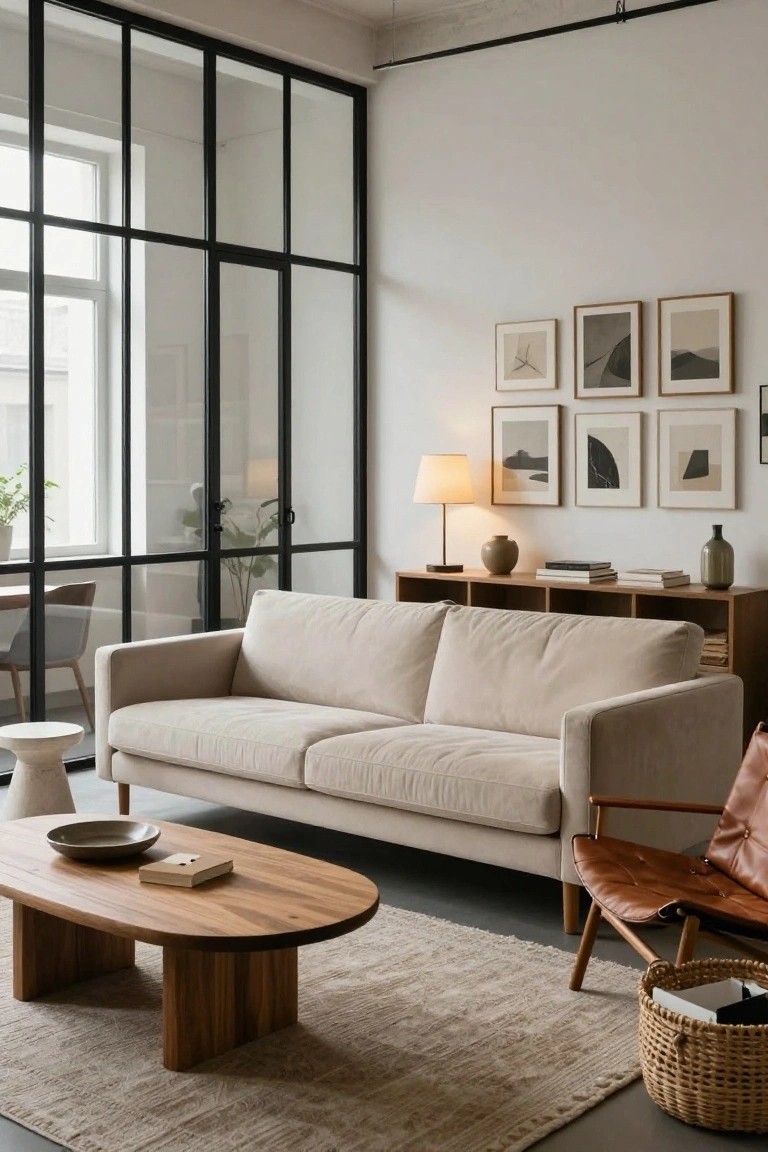 Beige three-seater sofa in a light living room with wooden credenza behind it, oval wooden coffee table in front, tan leather armchair nearby, abstract framed prints on wall, and large black metal-framed glass doors.