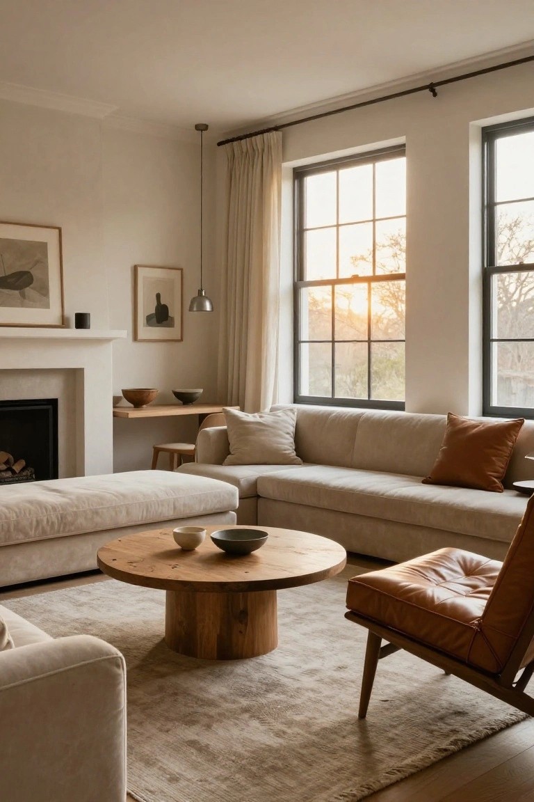 Living room interior with large cream L-shaped sofa, ottoman, round wooden pedestal coffee table, tan leather armchair, fireplace, wooden shelf, abstract artworks, large windows with sheer curtains, and beige rug on wood floor.