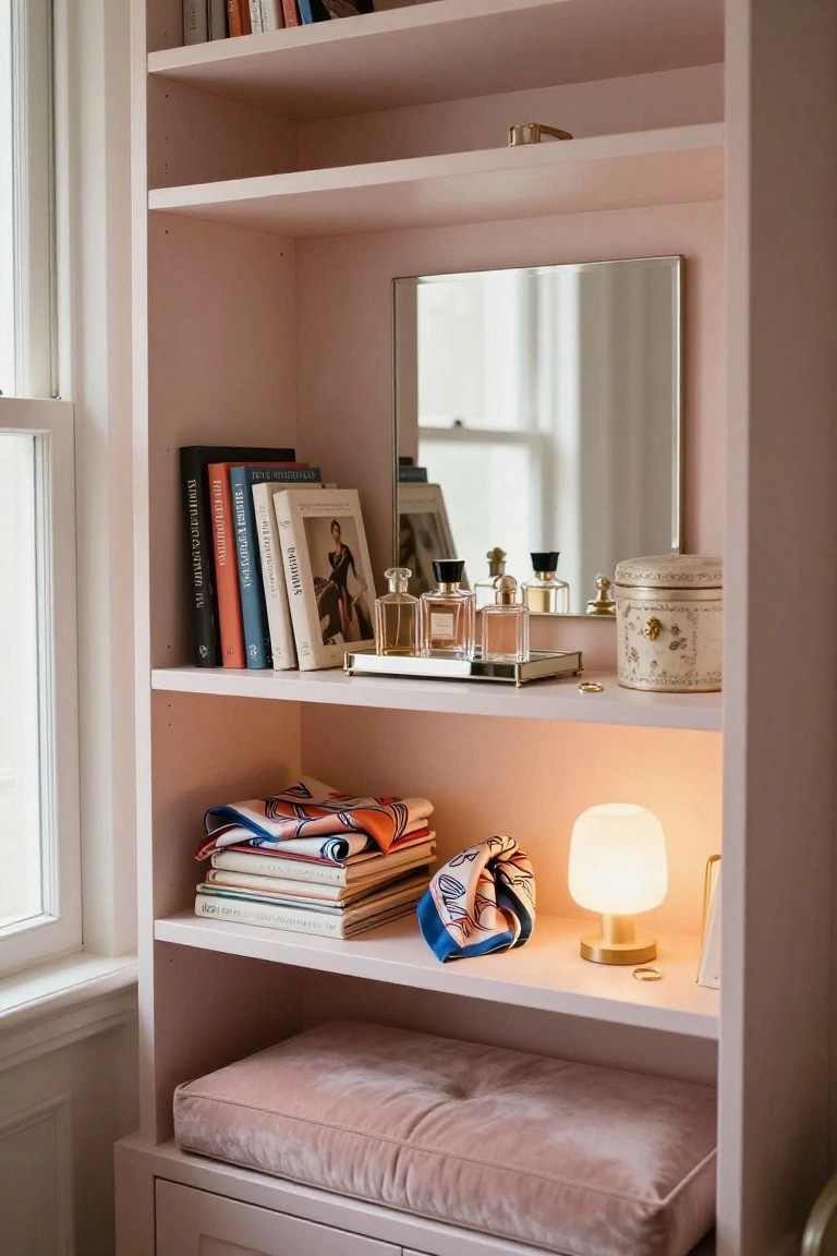 Tall pink built-in bookshelf displaying books, perfume bottles, mirror, decorative tray, lamp, scarves, and rings, with a pink tufted velvet cushion bench at the base next to a window.