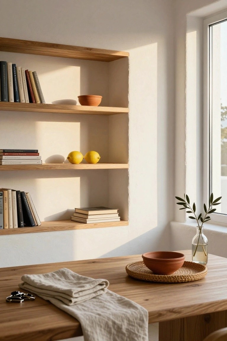 Recessed wooden bookshelves on a white wall display stacked books, two lemons, pottery bowls, and olive branches, with a wooden table below holding keys, a linen cloth, a woven mat, and a terracotta bowl next to a glass vase in a window.