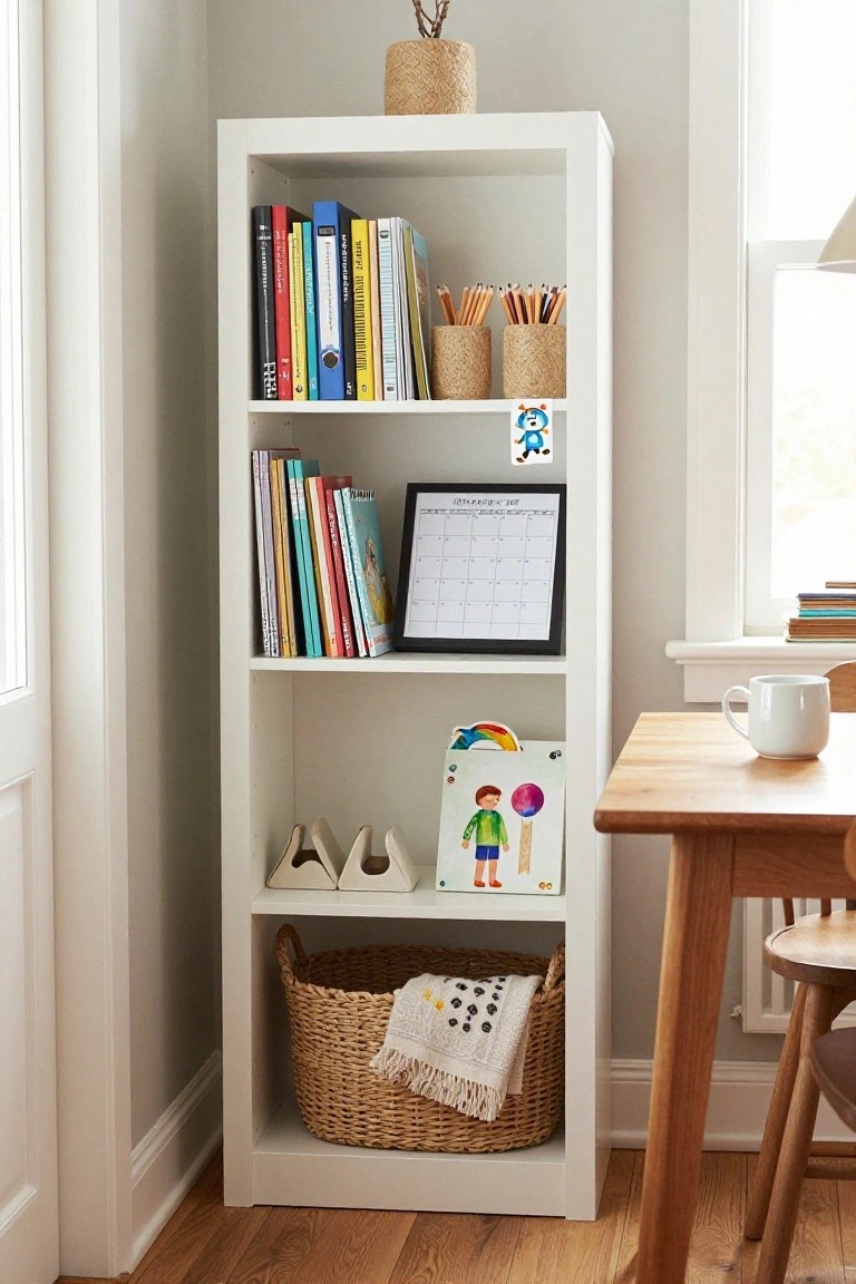 White open bookshelf in a light gray room corner with colorful books and magazines on upper shelves, pencil holders, calendar, children's artwork and toys on middle shelves, high-heeled shoes and wicker basket with towel on bottom shelf, beside wooden desk, stool, and mug.
