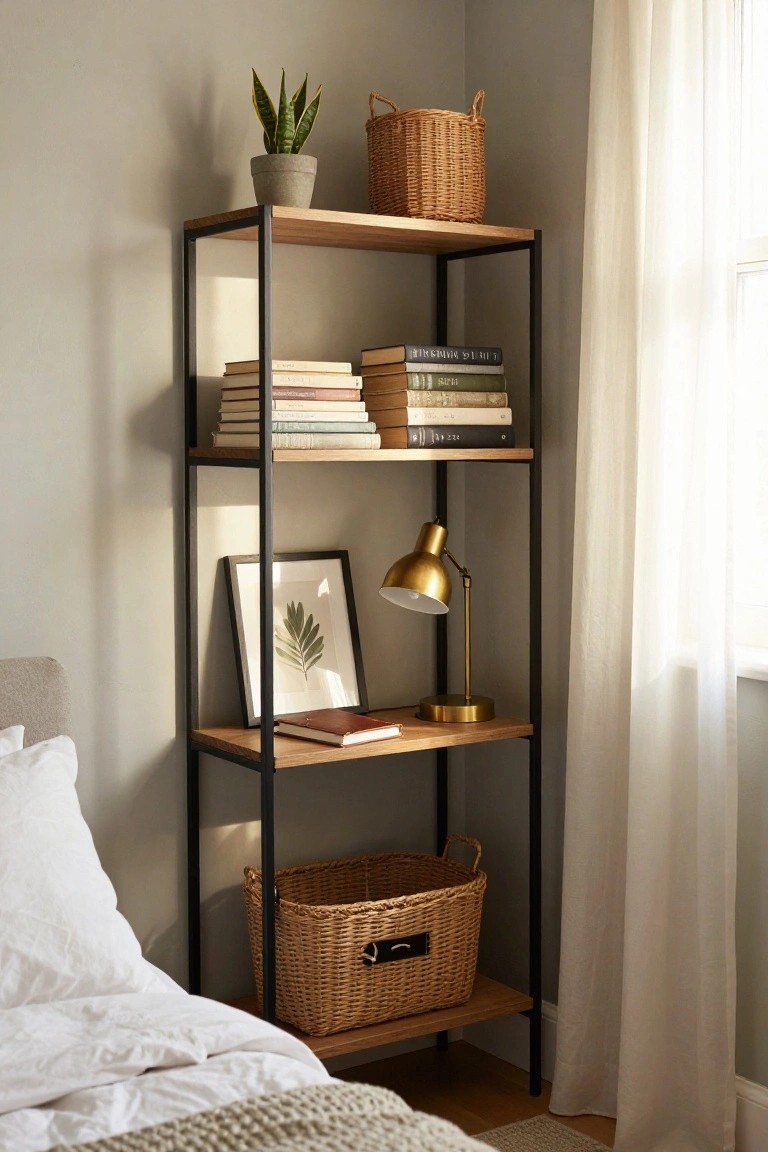 Tall black metal open bookshelf with oak shelves in a light gray bedroom corner next to a white bed, styled with stacked books, potted snake plant, two wicker baskets, gold desk lamp, framed leaf print, and leather notebook.