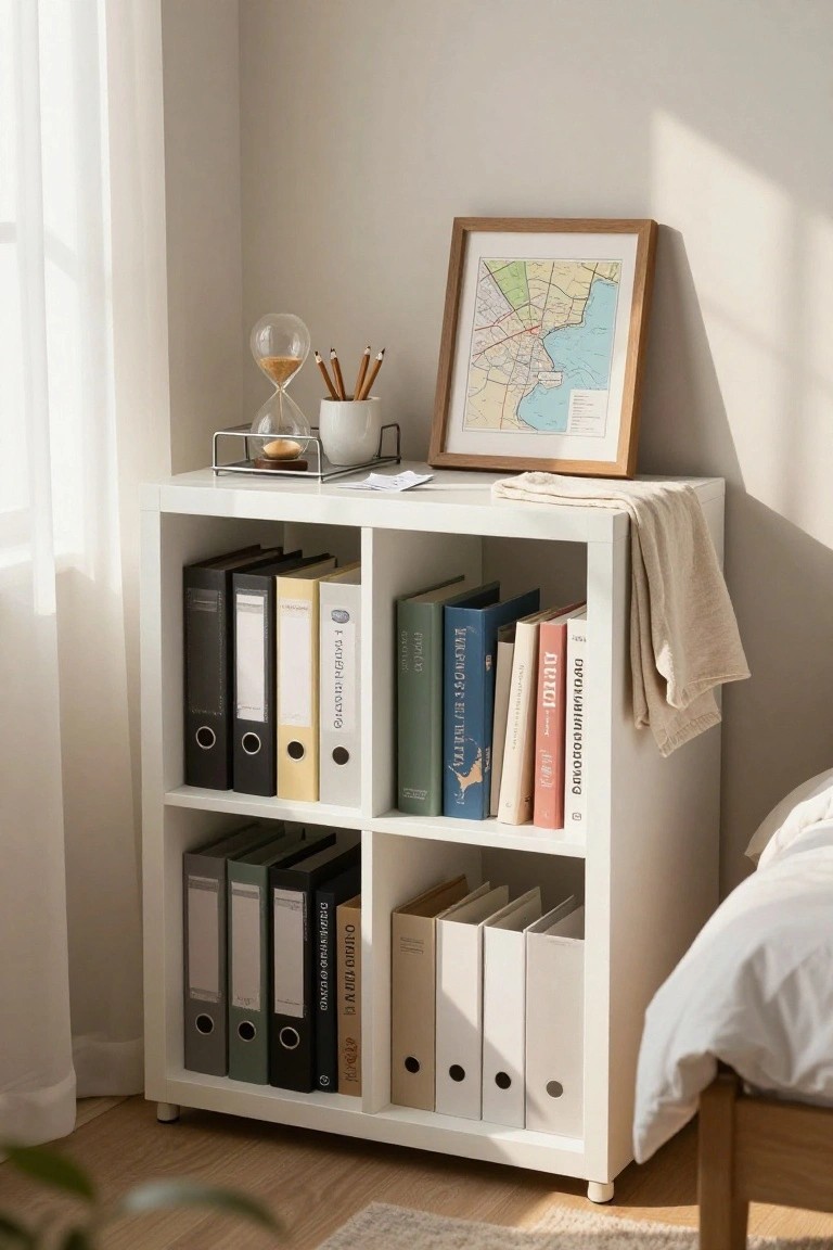 White cube bookshelf unit next to a bed, filled with colorful binders, books, and files, topped with a small shelf holding an hourglass and pencils, and a framed map on the wall, in a light-filled bedroom with sheer curtains.
