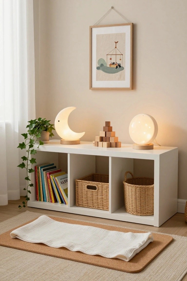 White cube bookshelf in a beige room with sheer curtains, styled with colorful children's books on one side, two wicker baskets on others, wooden blocks and two glowing moon lamps on top, ivy plant nearby, and white blanket on cork play mat in front.
