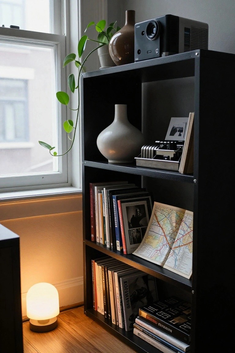 Black open bookshelf in a cozy indoor room styled with assorted books, folded maps, vintage typewriter, white vases, trailing plant, photo frame, and small white lamp on wooden floor nearby.
