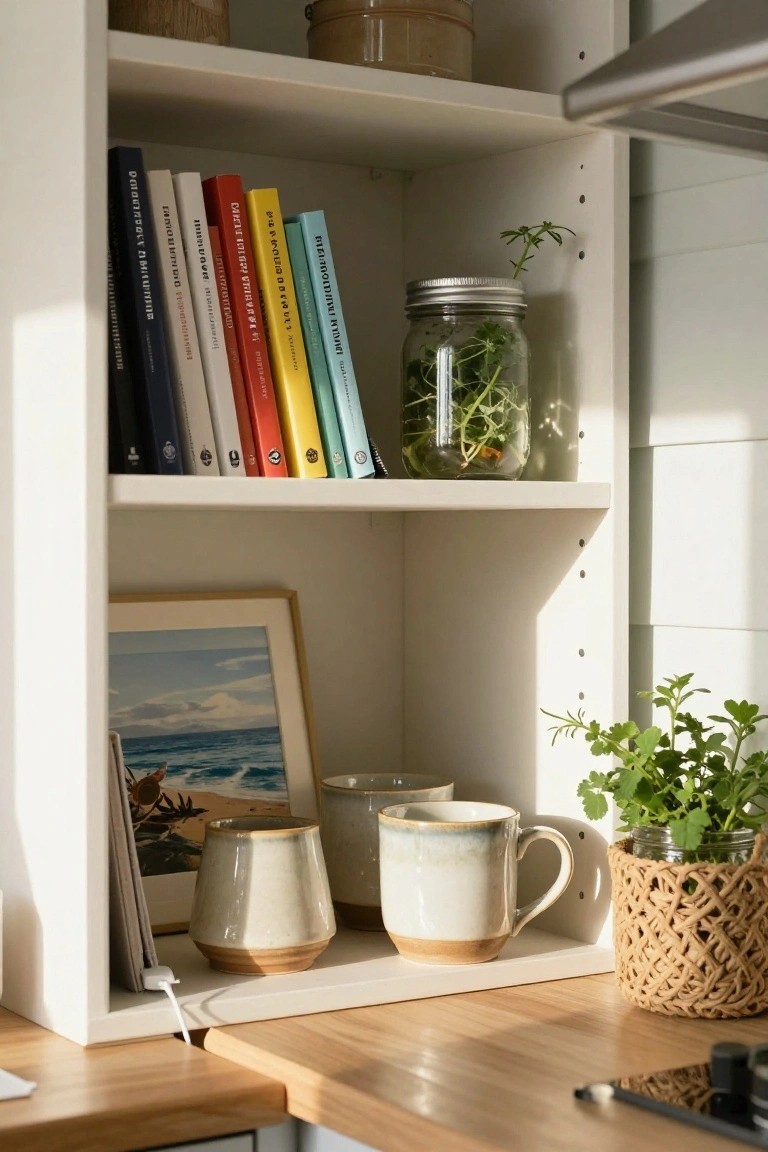 Open white kitchen shelving with rows of colorful books, a mason jar containing green herbs, two ceramic mugs, a framed beach photo, small potted plants, and a wooden countertop below.