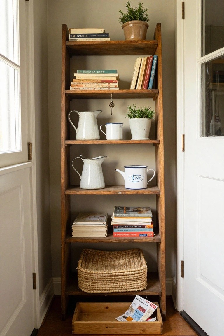 Wooden ladder bookshelf in a narrow space between paneled doors holds stacked books, white ceramic pitchers and jugs, blue-rimmed enamel mug, potted plants, woven basket, and wooden crate with papers.