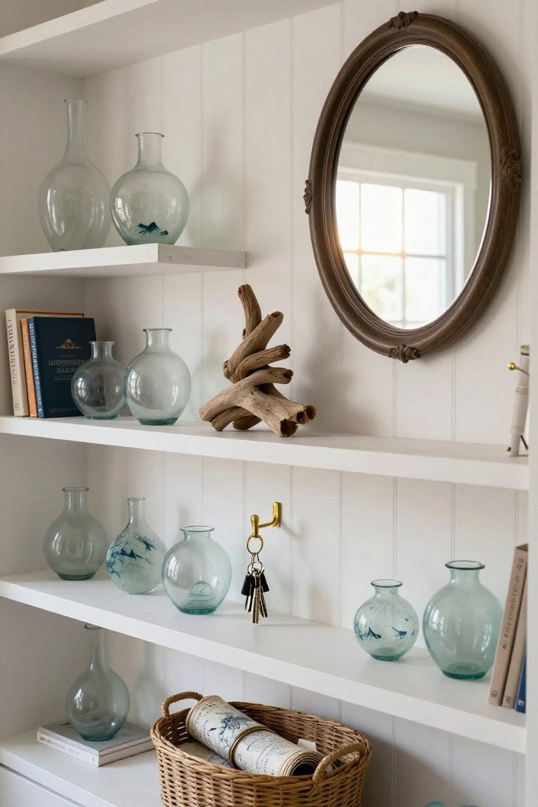 White open bookshelves styled with various clear and tinted glass vases and bottles, driftwood, books, a woven basket holding rolled paper, keys on a brass hook, and small decorative items against white paneled walls beside an oval mirror.