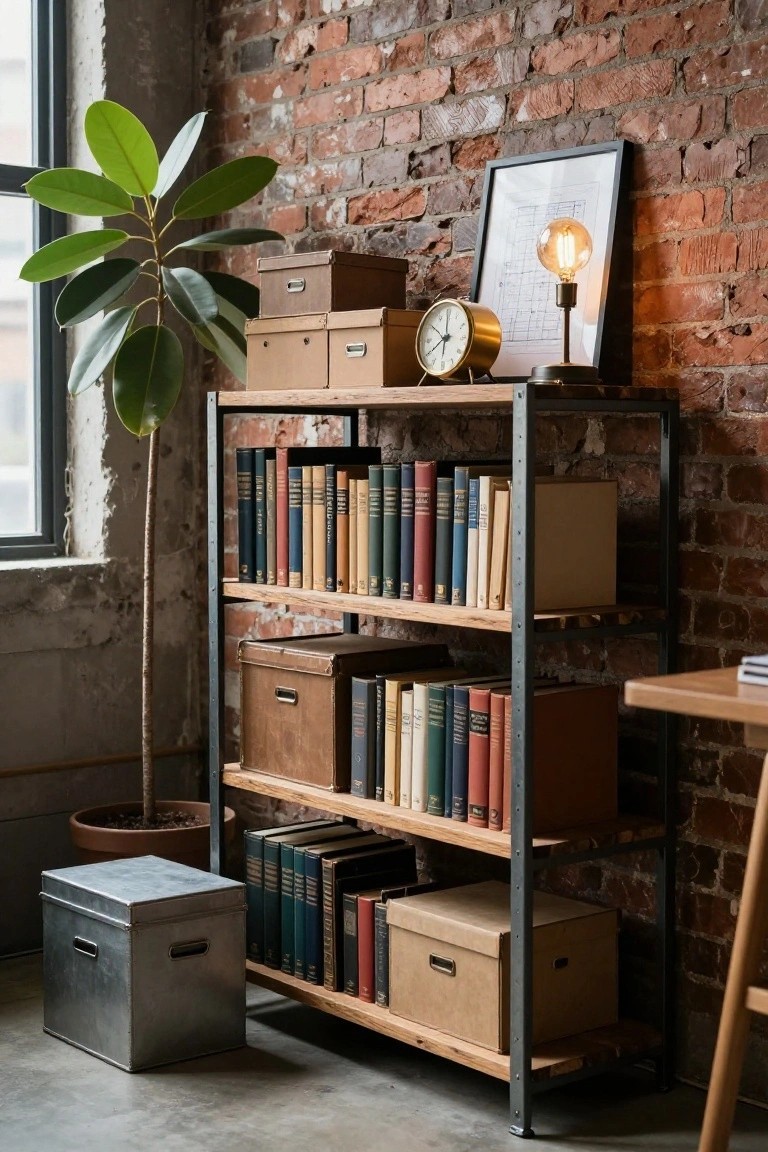 Rustic industrial bookshelf with books, boxes, clock, and plant against brick wall.