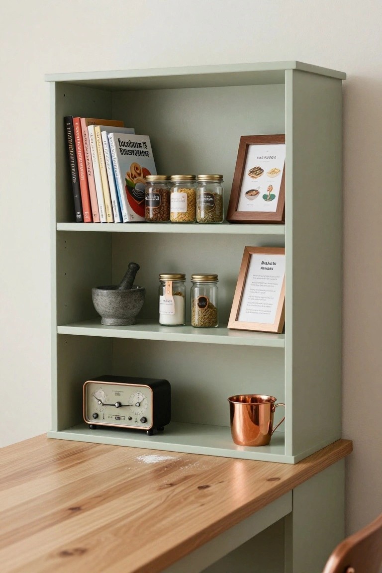 Sage green open bookshelf above a wooden desk, holding stacked books including cookbooks, glass jars with spices and grains, a stone mortar and pestle, picture frames, a retro analog radio, and a copper mug on the shelf.