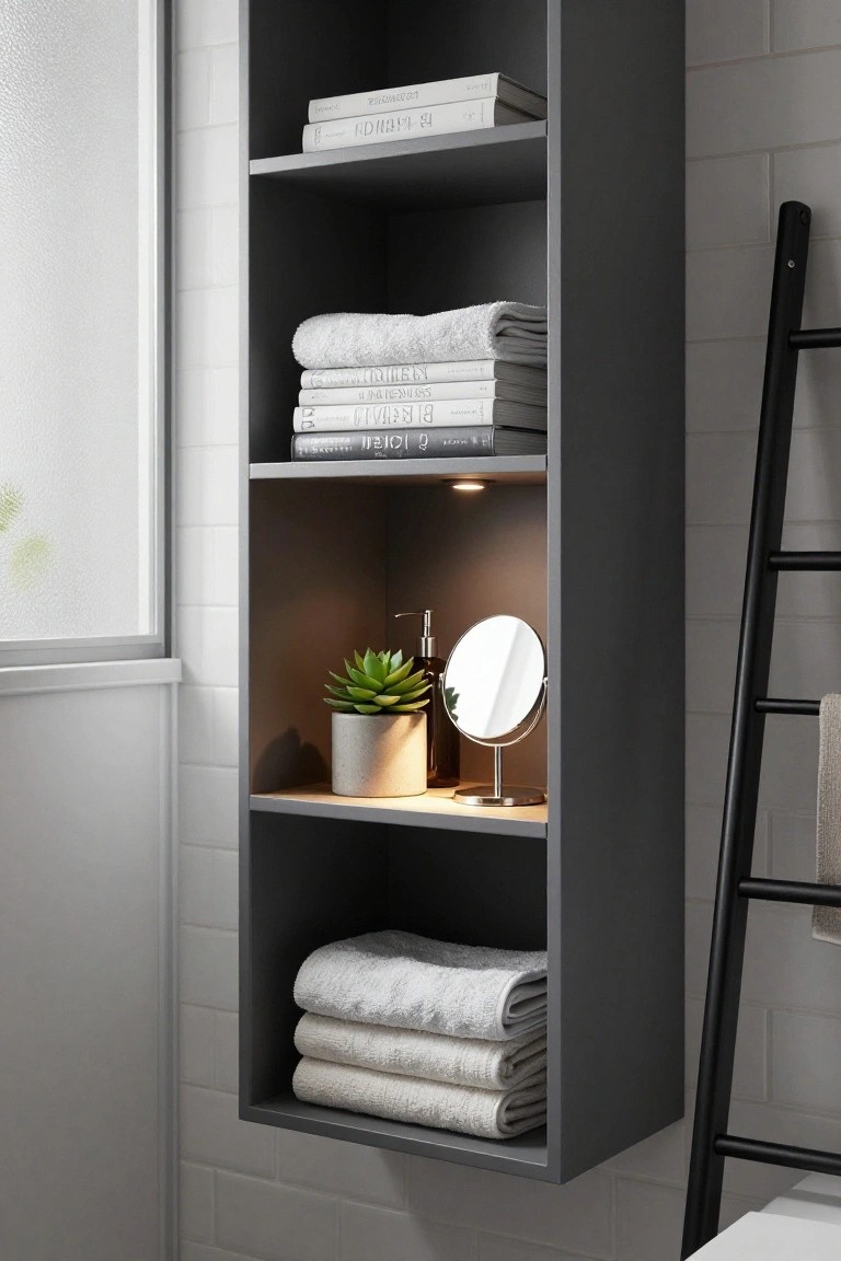 Tall gray open shelving unit on a white tiled bathroom wall holding stacked white towels, books, a potted succulent, round mirror on a stand, lotion dispenser, and LED lighting, with a black ladder rack nearby.