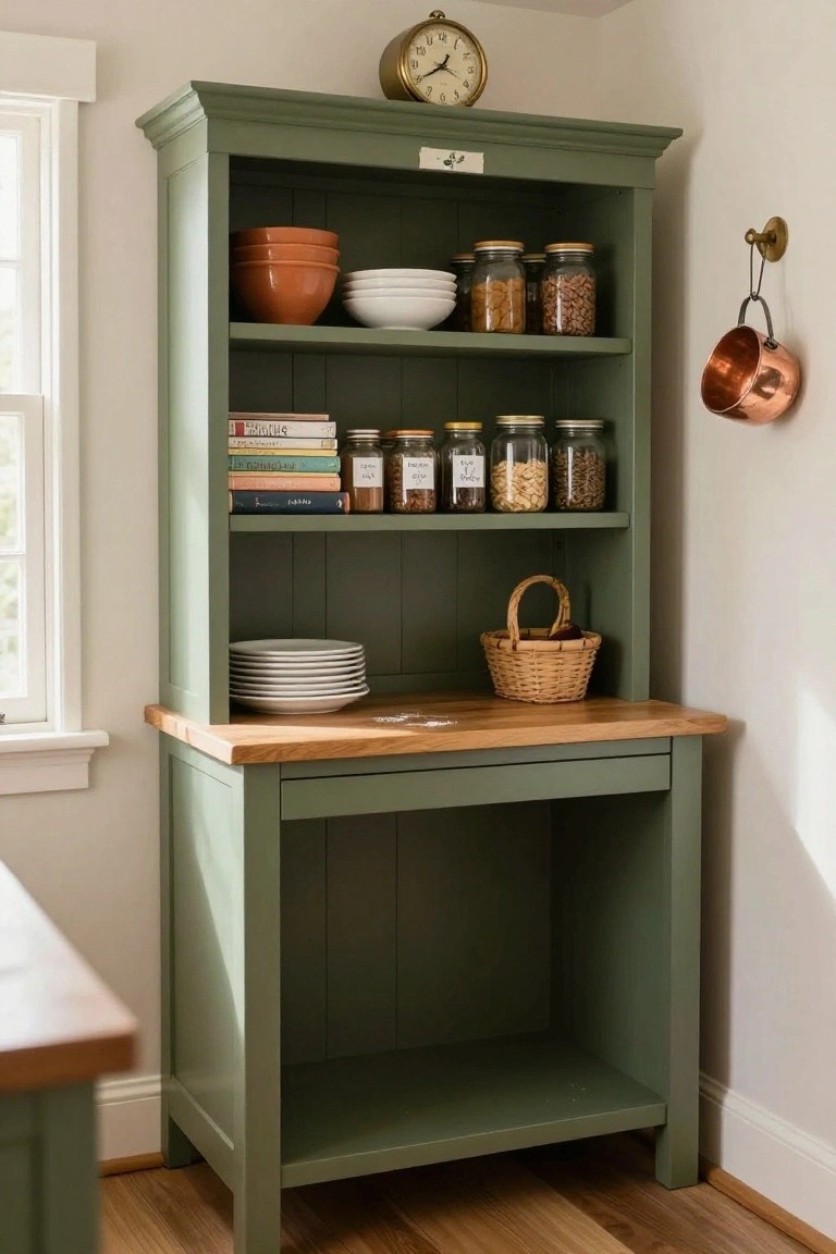 Tall sage green wooden hutch with open shelves displaying stacked terracotta bowls, white plates, colorful books, glass jars of grains and nuts, a wooden countertop holding plates and a wicker basket, and copper pots hanging from a wall hook in a kitchen corner.