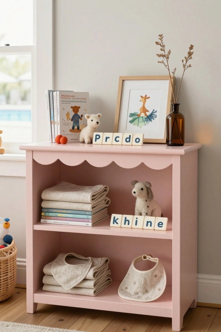 Pink scalloped open bookshelf in a nursery holding children's books, folded white linens and bibs, stuffed animals, wooden letters spelling Prccdo and Khine, and small toys nearby.