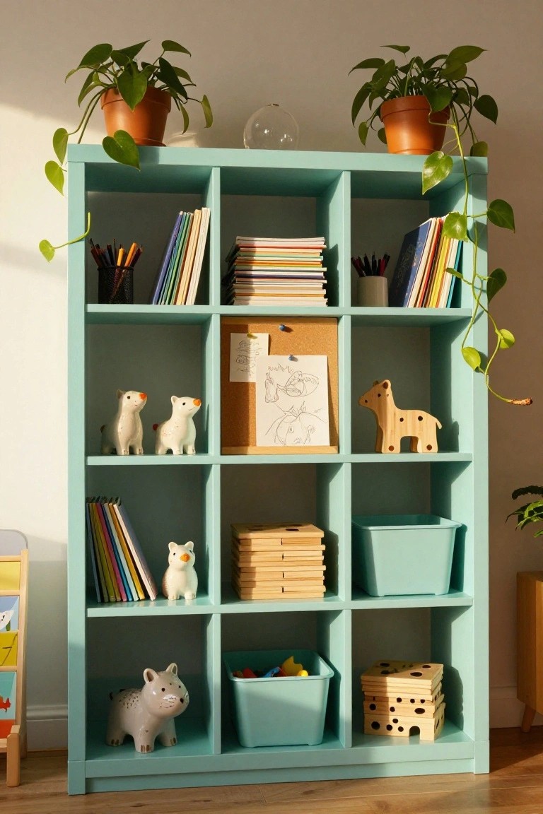 Teal cube bookshelf styled with colorful books, stacked notebooks, blue plastic bins, wooden toys, white ceramic animal figurines, children's drawings on corkboard, and potted trailing plants.