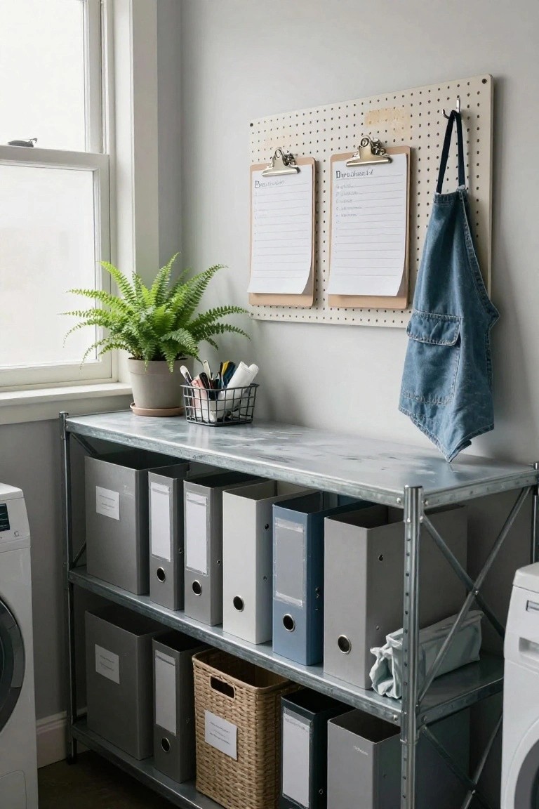 Tall galvanized metal shelving unit in a laundry room stocked with gray file boxes, binders, woven baskets, and fabric bins next to a white washer and dryer, with a pegboard wall above displaying clipboards and a hanging blue denim apron.