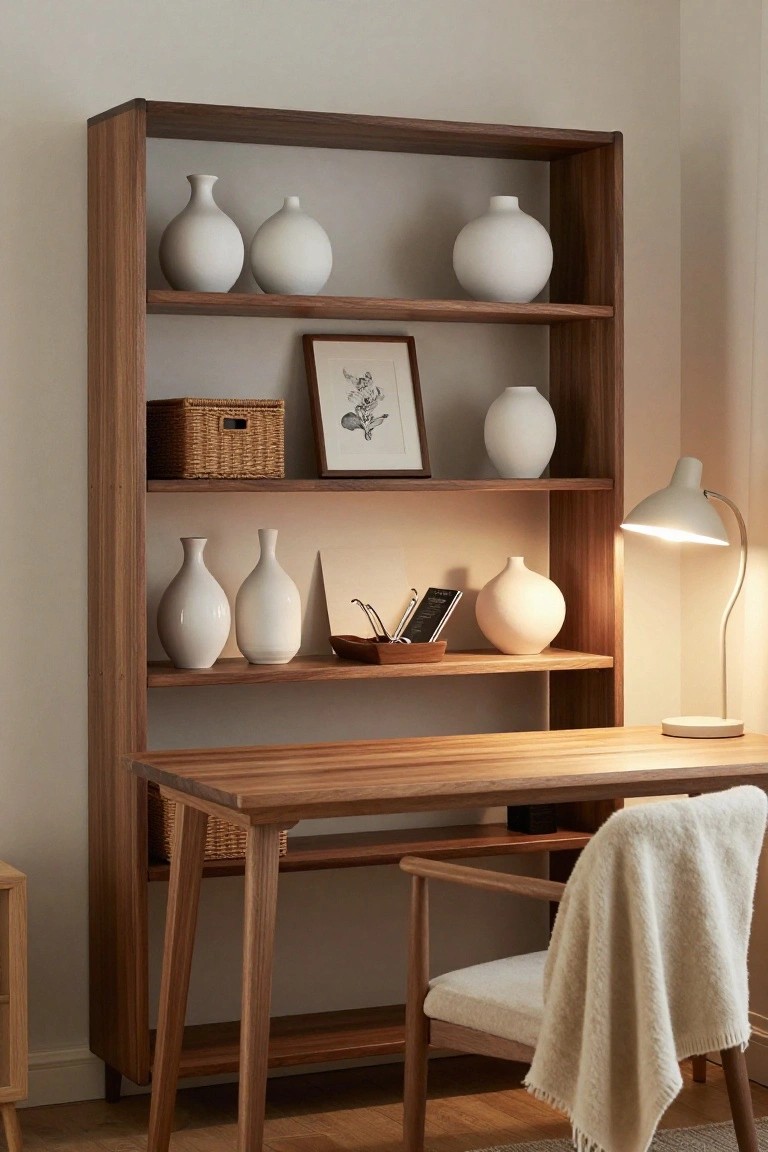 Tall open wooden bookshelf with multiple white ceramic vases of varying shapes and sizes on shelves, a framed botanical print, wicker basket, wooden tray with glasses case and notebook, desk lamp, next to wooden desk and chair with cream throw in beige room.