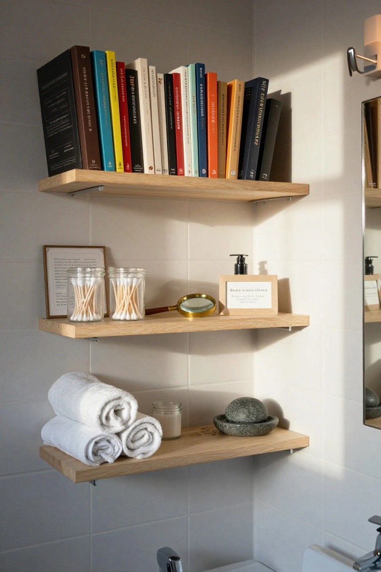Corner of a bathroom with three floating oak shelves on white tiled walls, top shelf holding various colorful books, middle shelf with glass jars of cotton swabs, soap dispenser, magnifying glass, and framed sign, bottom shelf with stacked white towels, glass candle holder, and stone mortar and pestle.