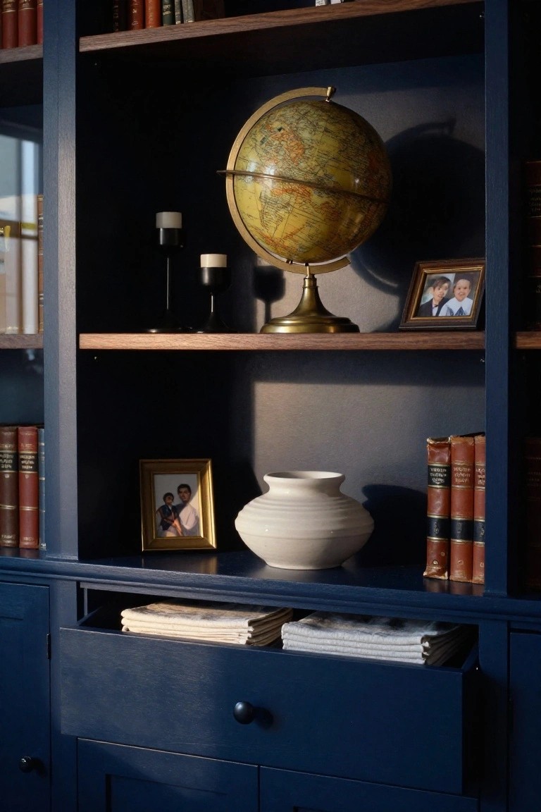 Navy blue wooden bookshelf with leather-bound books on shelves, brass globe, framed photos of people, white ceramic vase, black candleholders, and open lower drawer containing stacked white linens.