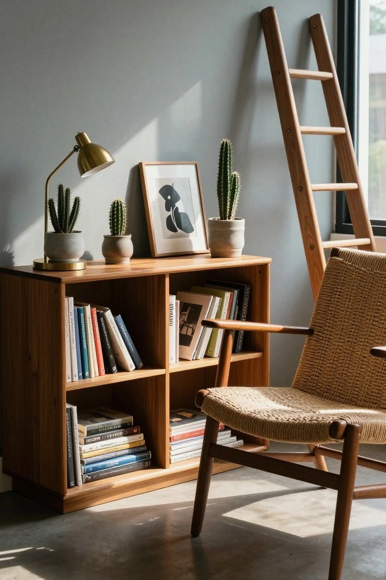 Wooden open bookshelf with assorted books on shelves, topped by three potted cacti, a brass desk lamp, and a framed abstract artwork, beside a woven armchair and leaning wooden ladder against a light gray wall.