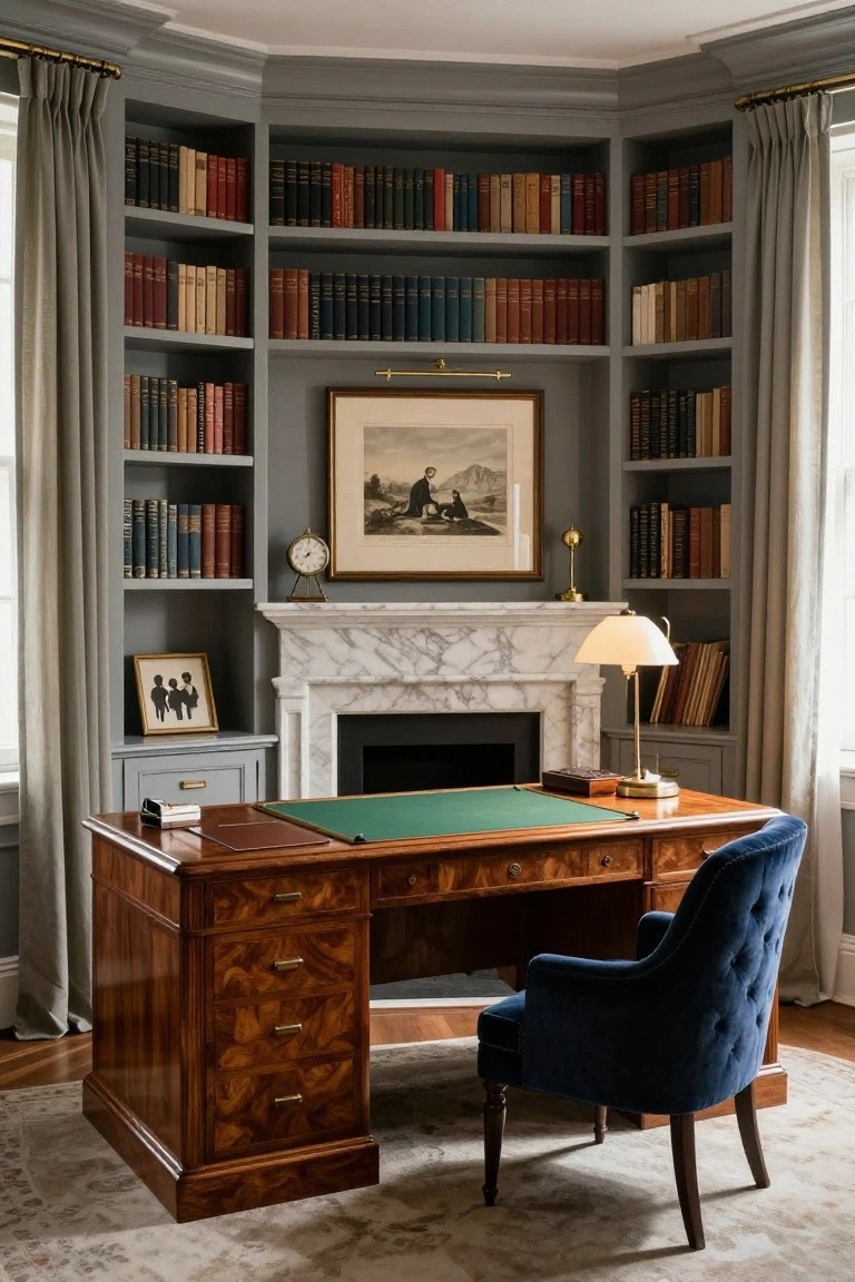 A corner home office with gray built-in bookshelves surrounding a marble fireplace, wooden desk with green leather inset and brass pulls, blue velvet armchair, and assorted books and decor.