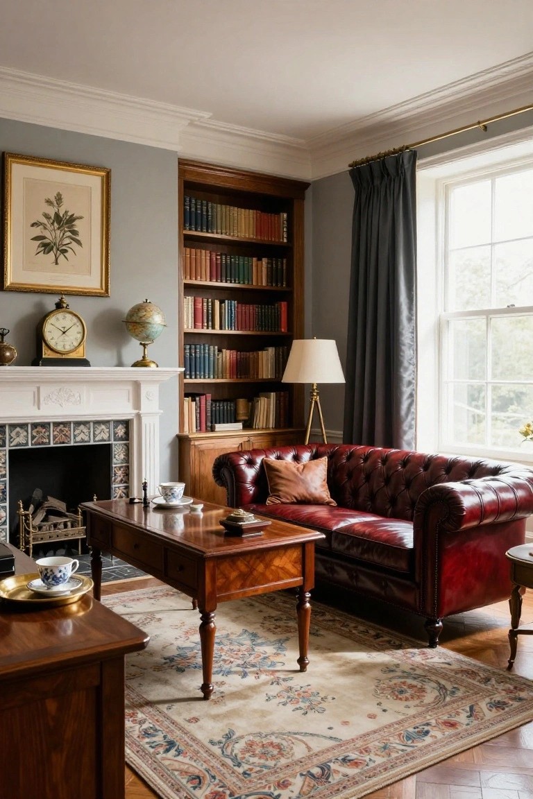 A traditional library room with gray walls, wooden built-in bookshelves filled with books, a lit fireplace with tiled surround, a red tufted leather Chesterfield sofa, wooden coffee table with teacup, antique clock on mantel, and lamp nearby.