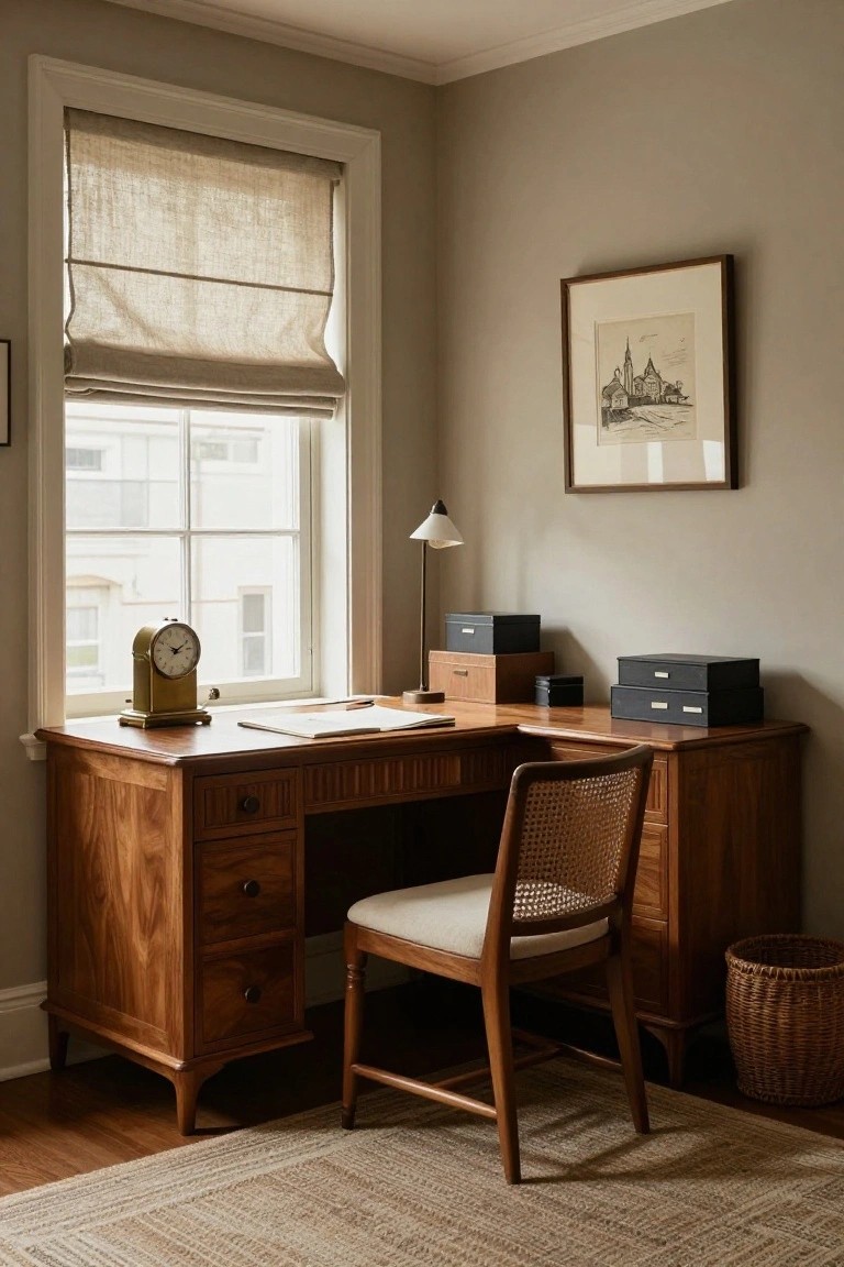 A home office corner with an L-shaped wooden desk, rattan chair with cream cushion, brass clock on the windowsill, linen roman shade, desk lamp, storage boxes, and a framed drawing on the wall.
