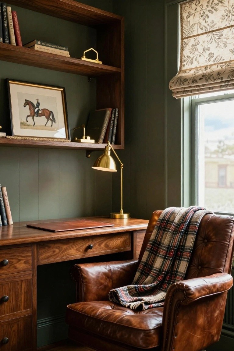 A home office with dark green paneled walls, wooden built-in bookshelves holding books and a horse painting, walnut desk with leather blotter, leather armchair draped with plaid blanket, brass lamp, and window with floral roman shade.