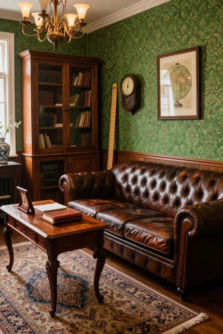 Emerald green damask wallpapered office with wooden bookcases, tufted brown leather sofa, wooden coffee table on oriental rug, brass chandelier, wall clock, globe artwork, and porcelain vase.