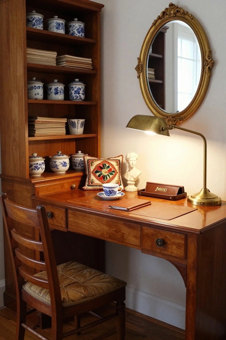 Wooden open bookshelves filled with blue-and-white porcelain jars above an antique wooden desk, brass lamp, leather accessories, and upholstered chair in a home office.
