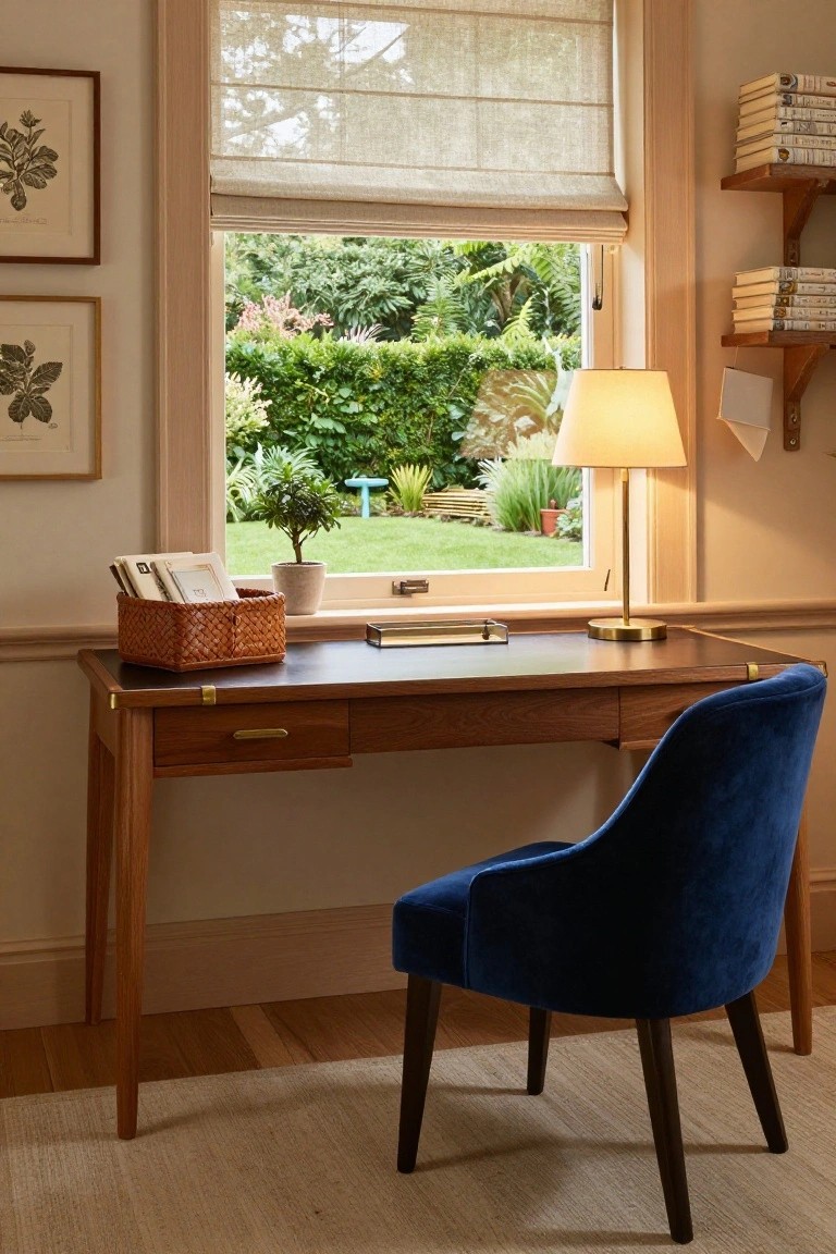 Wooden desk with brass details and blue velvet chair positioned beside a large window showing a garden view, in a beige-walled office with bookshelves and lamp.