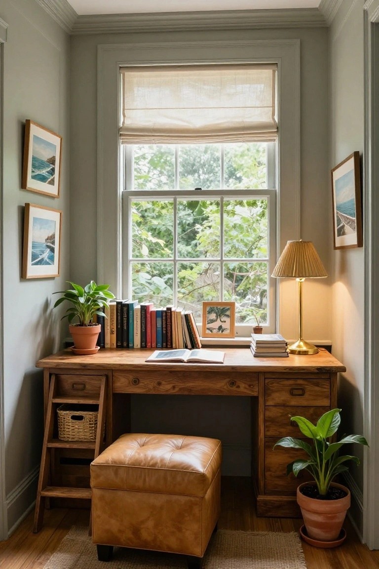 Corner home office with wooden ladder desk featuring integrated shelving holding books and basket, open notebook on desktop, potted plants, brass lamp, framed ocean photos, linen shade on window with trees outside, and leather ottoman on wood floor in pale green room.