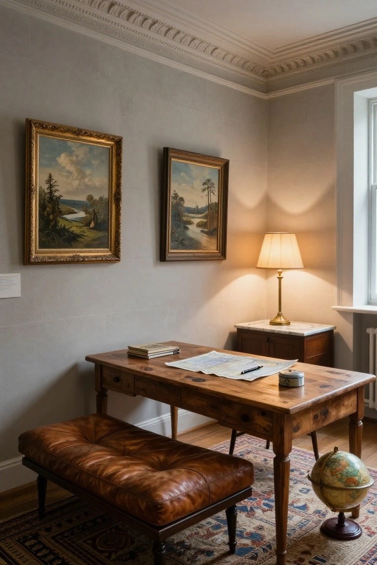 Corner of a home office featuring a wooden desk with papers and books, tufted leather bench, two antique landscape oil paintings in gold frames on light gray walls, brass lamp on marble-topped side table, and globe on oriental rug.