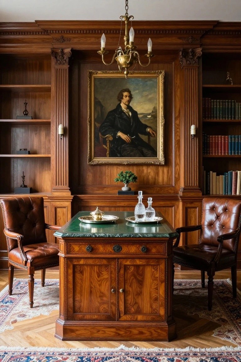 Wood-paneled office with fluted columns, built-in bookshelves, a large portrait painting of a man in dark 19th-century clothing, brass chandelier, green leather-topped pedestal desk, two tufted leather armchairs, bonsai plant, and crystal decanters.