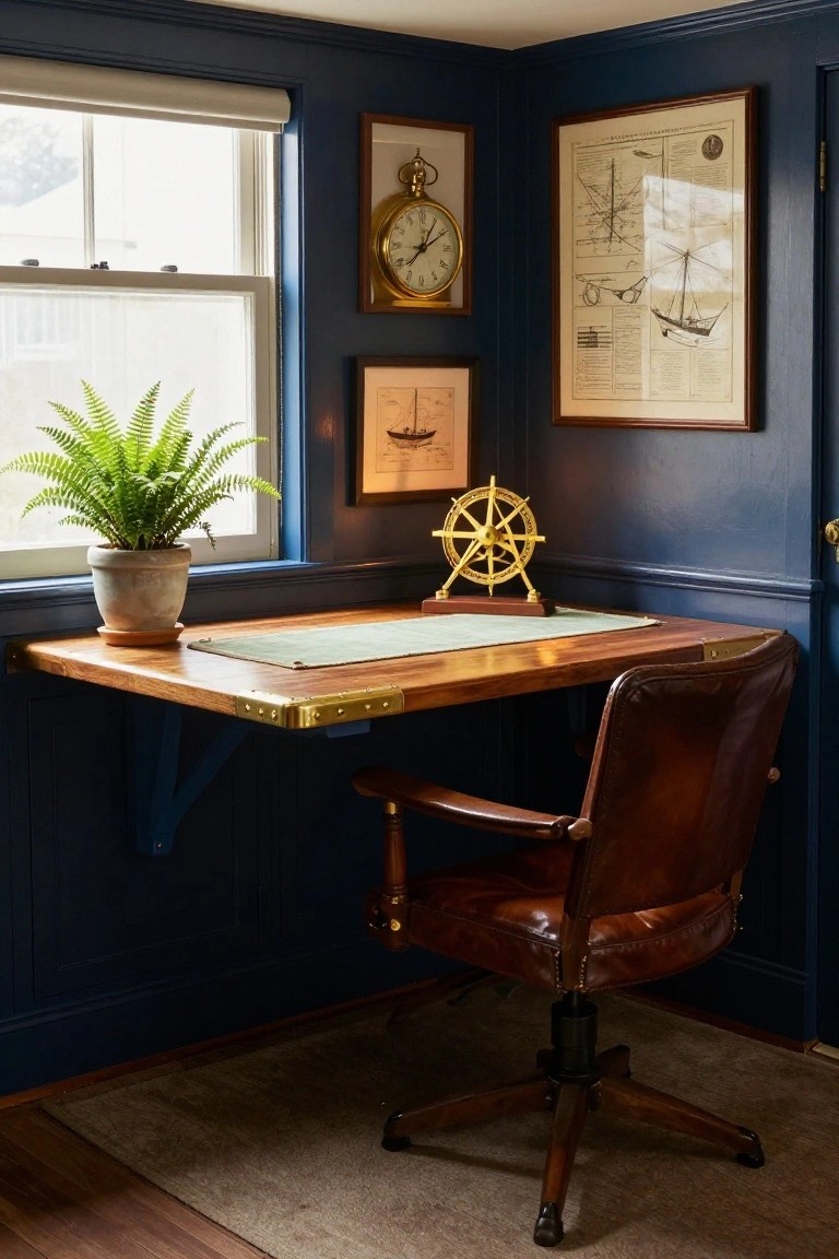 Corner home office with dark navy blue paneled walls, wall-mounted wooden desk featuring brass brackets and green leather inset, brown leather swivel chair, gold ship's wheel and clock on desk, nautical prints and charts on walls, potted fern plant near window with shades.