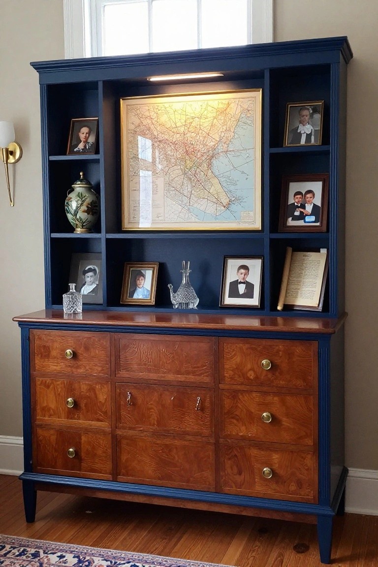 Navy-painted wooden hutch with open shelves holding framed photos, a gilded map, porcelain vase, crystal decanter, and books, above nine-drawer wood base, in a beige-walled room with wall lamp and window.