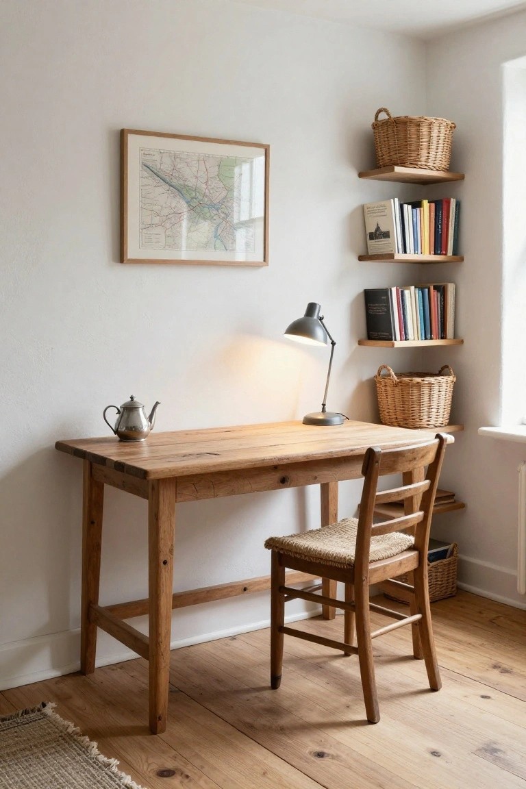 Corner home office with rustic wooden desk, wooden chair with woven seat, gooseneck desk lamp, silver teapot, wall shelves holding books and wicker baskets, and a framed map on white wall above wooden floor.