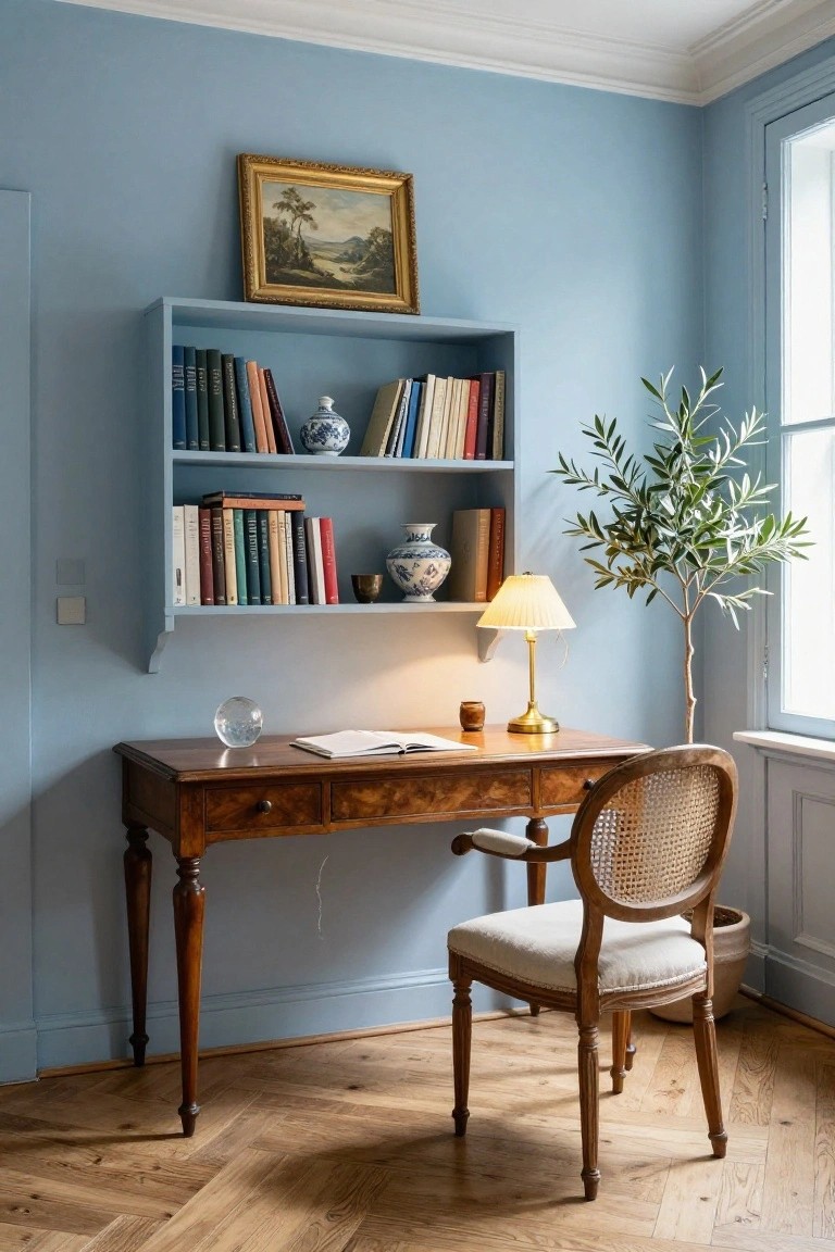 Wooden desk with open book, lamp, and cane-back chair against blue wall.
