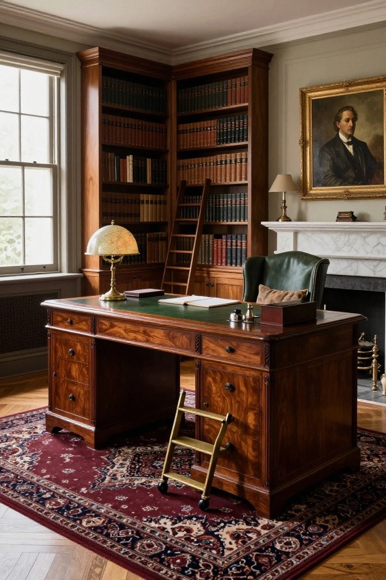Elegant wood-paneled study with green leather desk, bookshelves, and portrait.