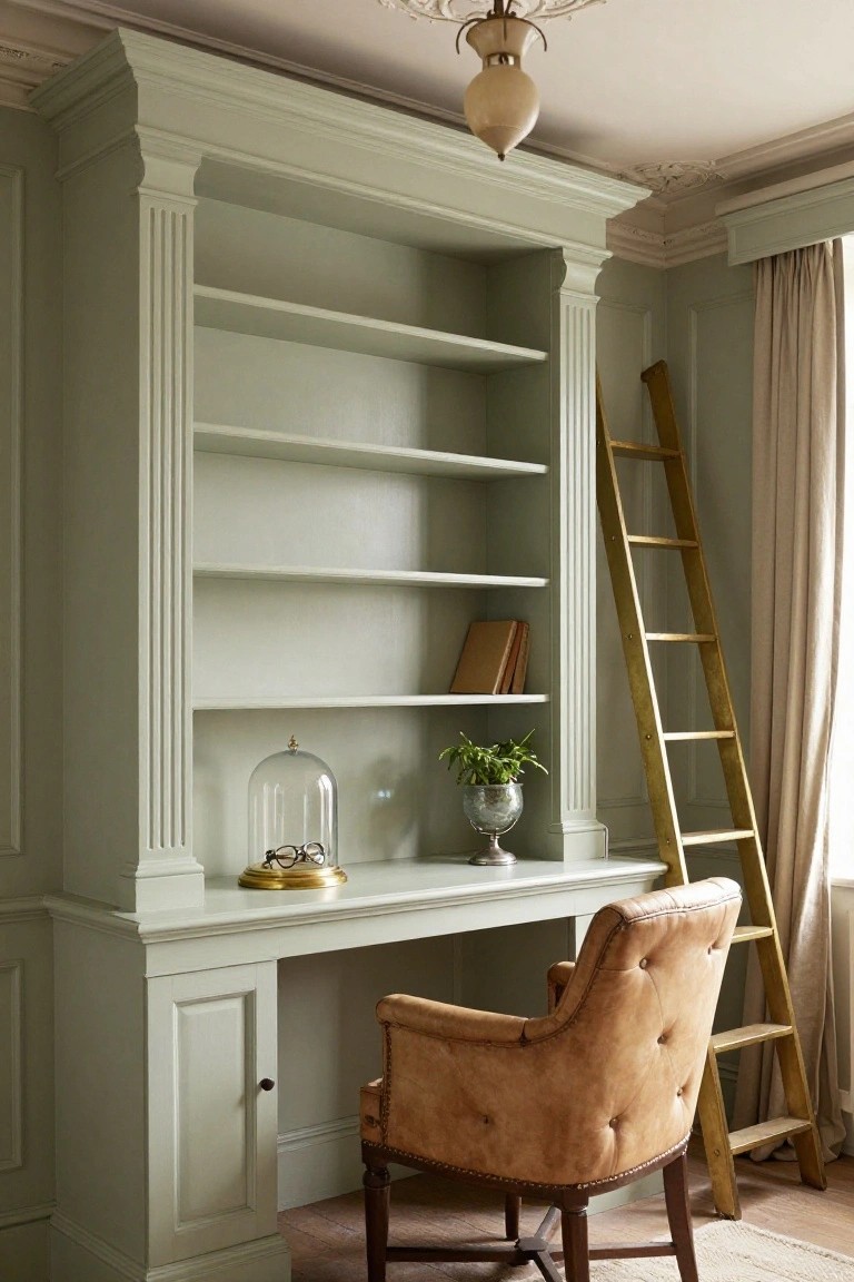 Tall sage green painted built-in bookcase with fluted columns, open shelves holding a few books and a glass-domed display of glasses, integrated desk, brown leather armchair, and leaning gold ladder in a room with beige curtains and wood floor.