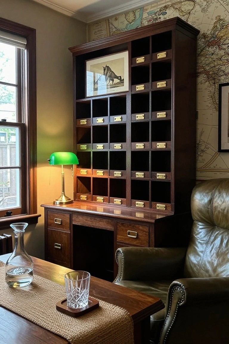 Home office interior with a tall wooden cabinet featuring multiple small drawers and brass handles, wooden desk, green banker's lamp, leather armchair, decanter on the desk, and world map wallpaper.