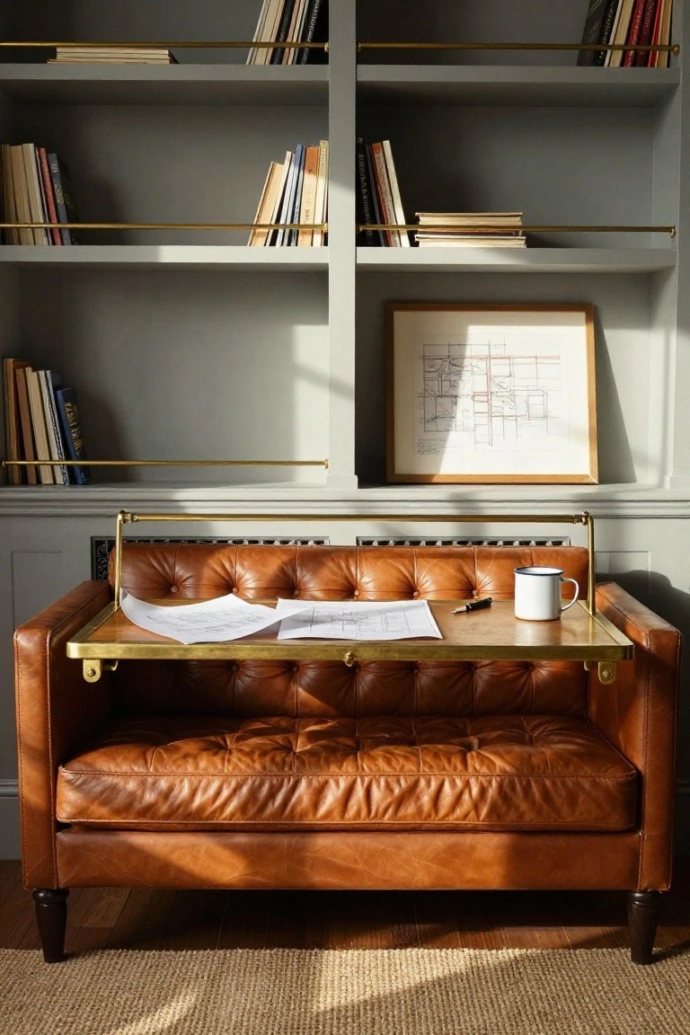Tan tufted leather loveseat with brass extending desk tray holding white papers, a pen, and white mug with blue rim, positioned in front of gray bookshelves and a framed drawing on the wall.