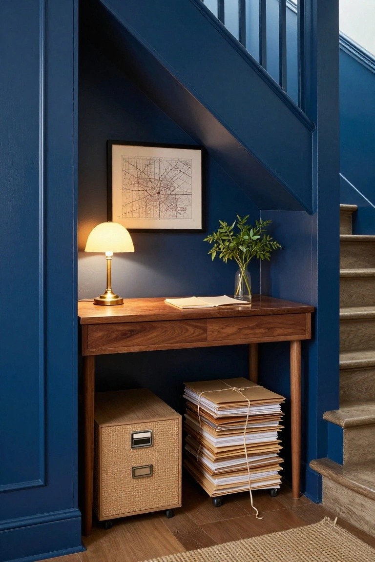 Narrow walnut desk with brass lamp, open notebook, glass vase of greenery, wicker file cabinet, and stacked paper files under navy blue walls beside wooden stairs in a home interior.