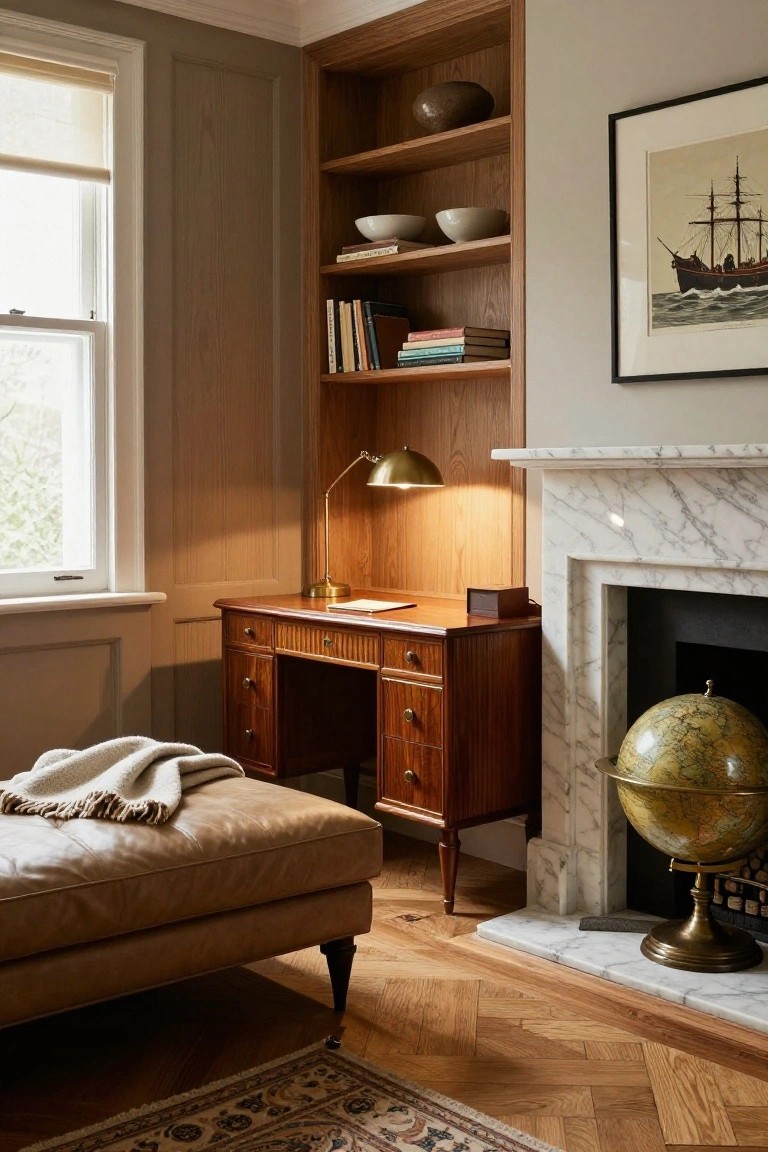 Office interior with light wood paneled walls and built-in shelves holding books and white bowls, wooden pedestal desk with lamp, marble fireplace displaying a globe, tan leather ottoman, and herringbone parquet floor.