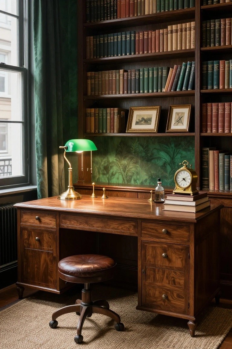 A green and wood-toned office interior with tall built-in bookshelves filled with books, a polished wooden desk topped with green-shaded brass lamp, brass clock, ink bottle, and stacked books, leather-topped swivel stool, and green velvet curtains beside a window.