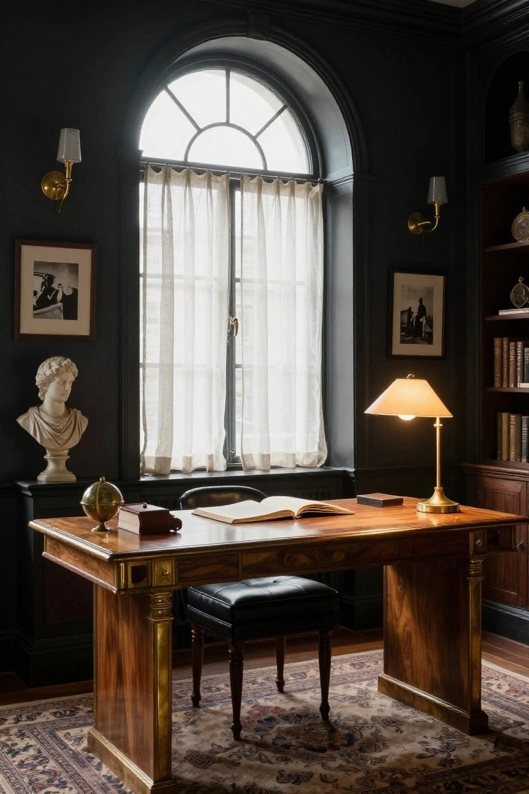 Dark paneled office with wooden desk featuring brass mounts and trim, leather chair, open book, globe, lamp, marble bust, bookshelves, and arched window with sheer curtains.