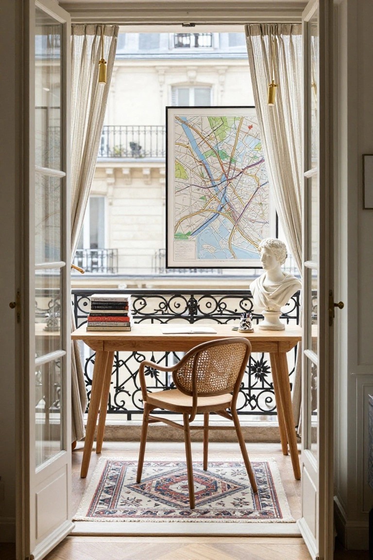 Wooden desk with rattan chair positioned at open French doors to a balcony in a light-filled Parisian apartment office, featuring a Paris map on the wall, marble bust, books, and view of beige stone buildings.