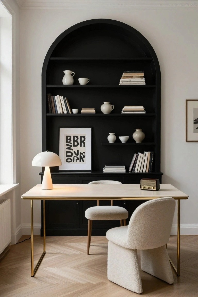 Home office interior with a tall black arched open bookshelf containing books, white ceramics, and a poster, positioned behind a gold metal desk topped with a white mushroom lamp and retro radio, paired with a cream bouclé chair on parquet flooring.