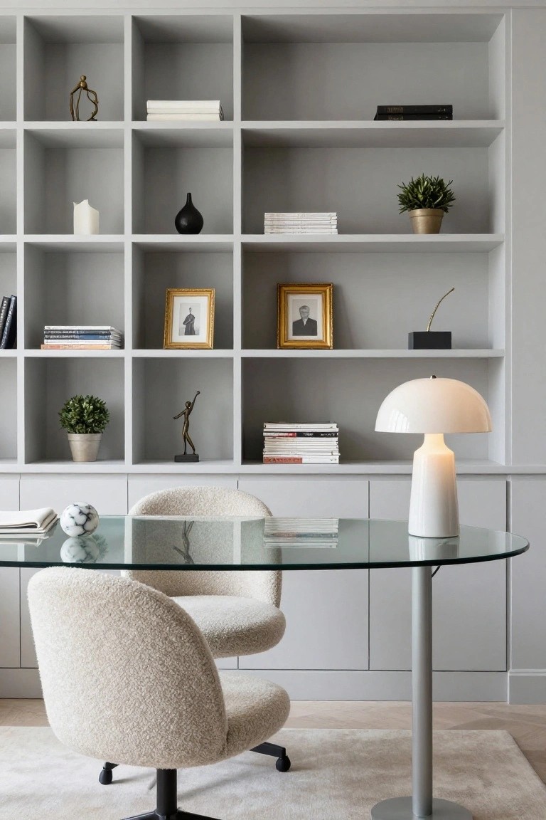 Gray built-in shelving unit with open shelves displaying books, candles, plants, sculptures, and framed photos, paired with lower cabinets, a curved glass desk, and two cream upholstered swivel chairs on a light rug.