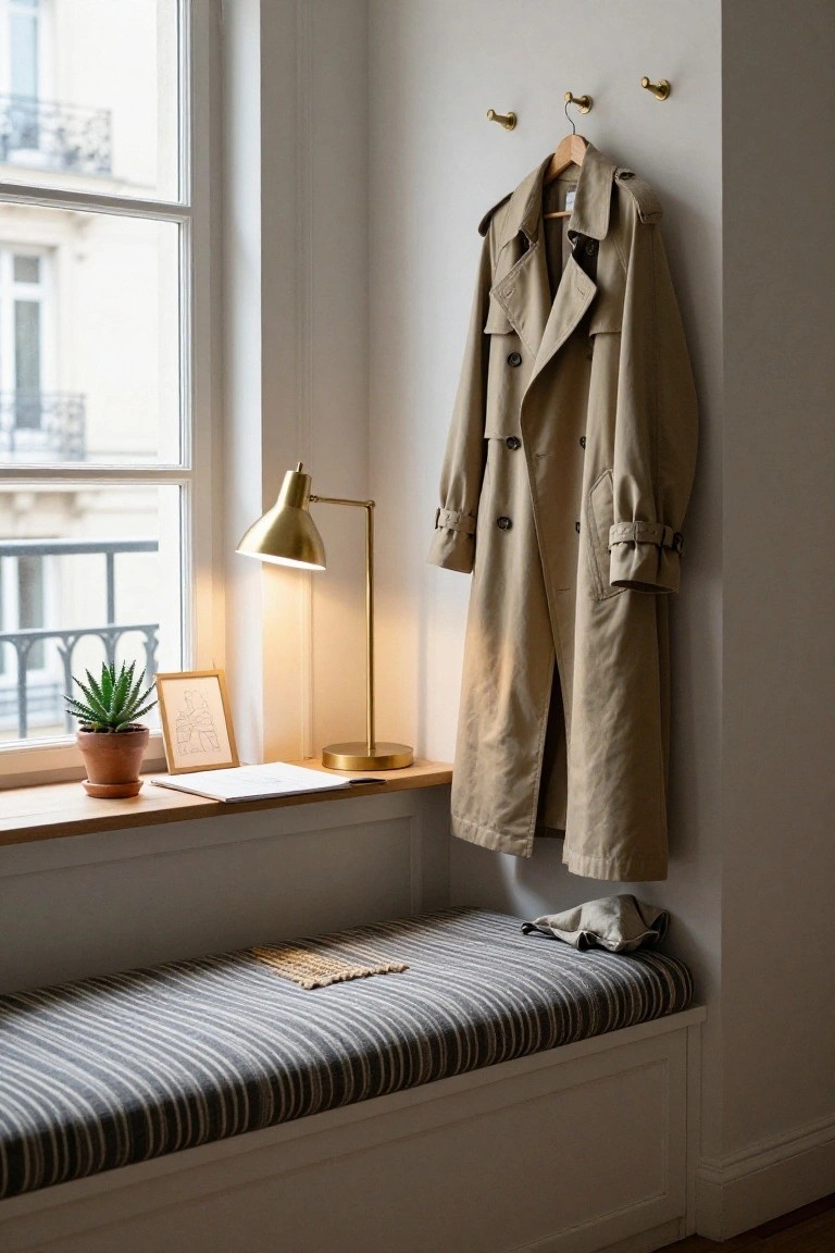 Beige trench coat on brass hooks beside a window seat with striped cushion, gold arched lamp, potted succulent, and framed drawing on wooden sill in white interior with view of Parisian buildings.