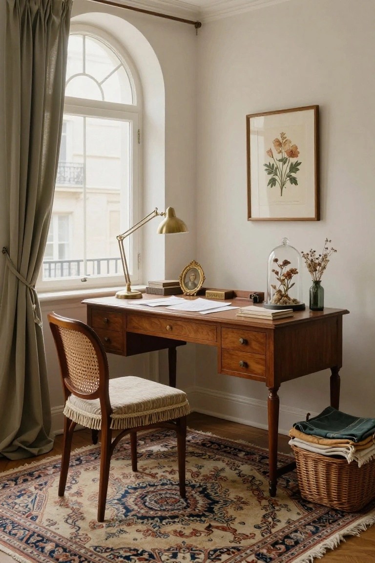 Corner home office with wooden desk topped by brass lamp, papers, books, and glass dome of dried flowers, cane chair, arched window with gray curtains, floral artwork on wall, and woven basket nearby.